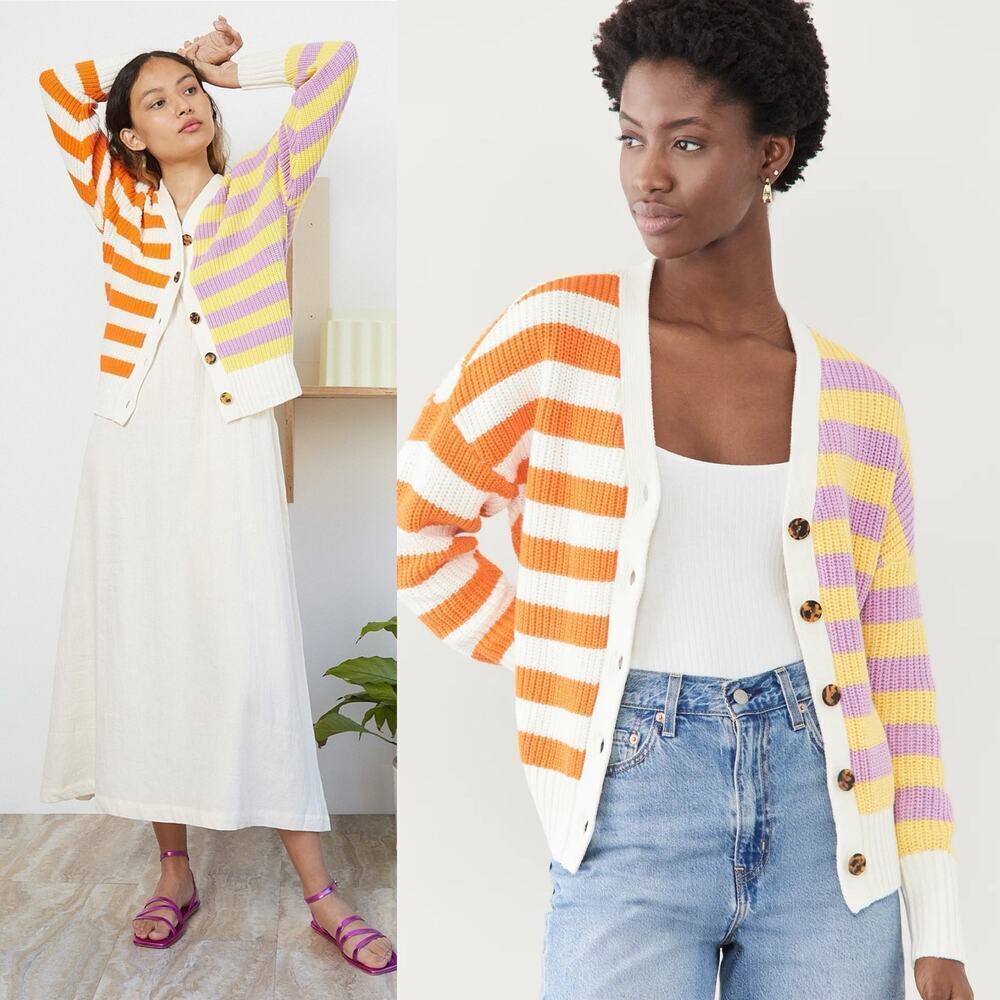 Staud Essex Colorblock Striped Cardigan Cabana Stripe Size XS Button Up